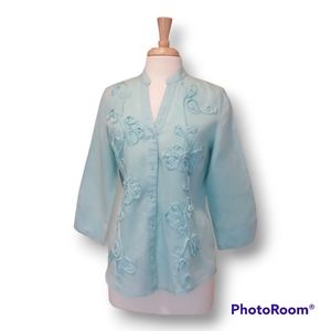 Charter Club 100% Linen Turquoise Blue Button Down Collarless TopSize 10